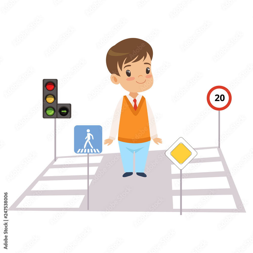 Cute Boy and Road Signs, Child Learning Rules of Road, Safety of Kids in  Traffic Vector Illustration Stock Vector | Adobe Stock