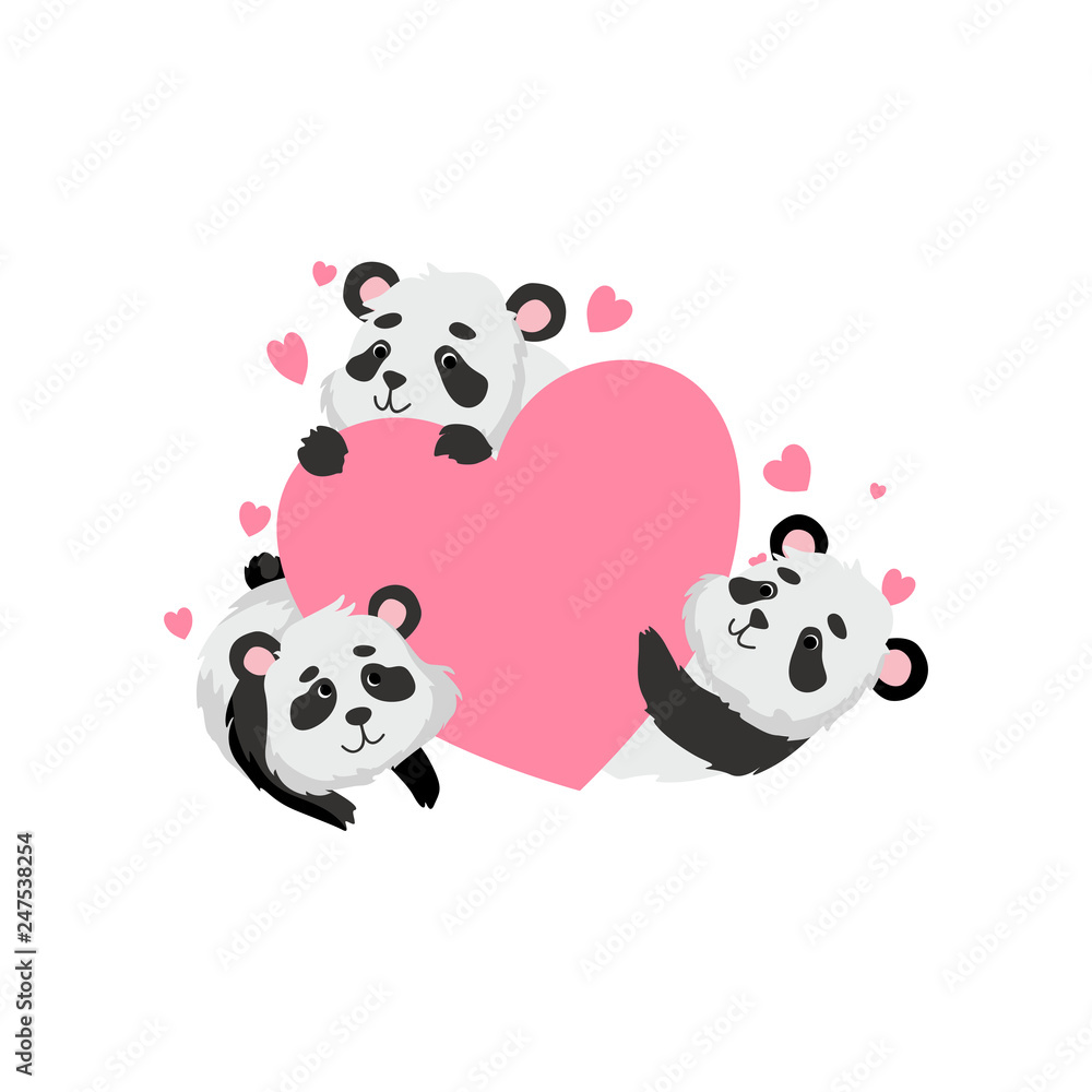 Cute Panda Bears Holding Pink Heart, Happy Lovely Animal Character Vector Illustration Cute Panda Bears Holding Pink Heart, Happy Lovely Animal Character Vector Illustration