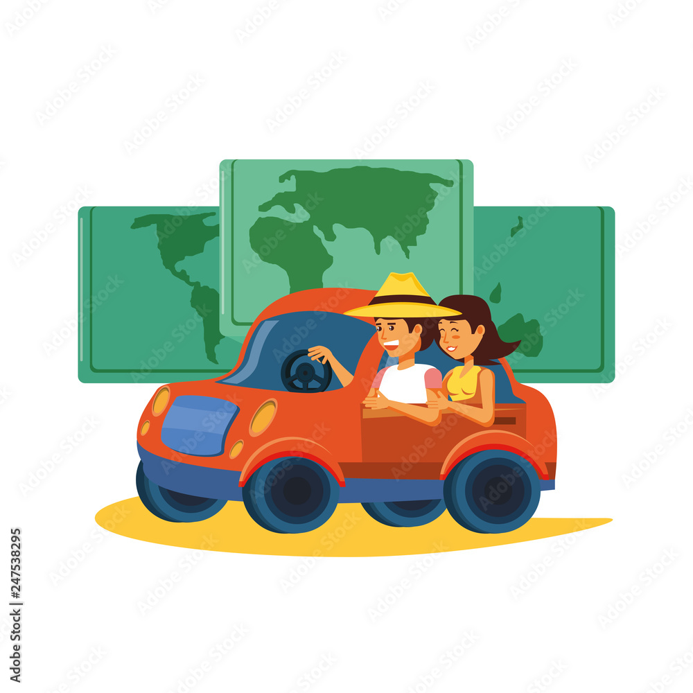 couple driving tourism little car with world map couple driving tourism little car with world map