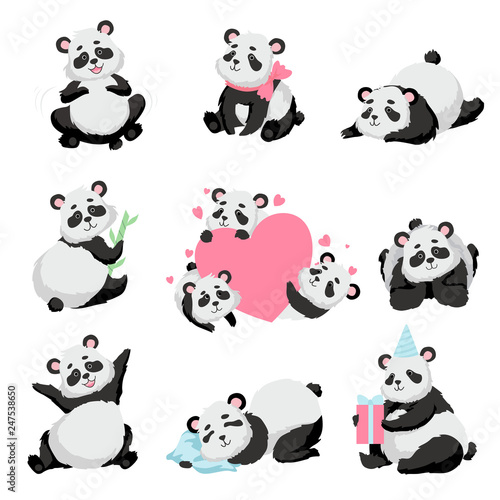 Fototapeta Naklejka Na Ścianę i Meble -  Cute Happy Baby Panda Bear Set, Lovely Animal Character Panda in Different Poses Vector Illustration