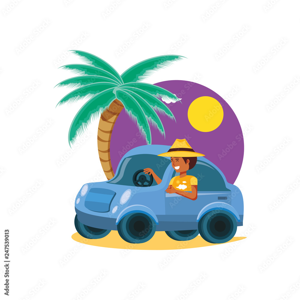 man driving tourism little car in seascape
