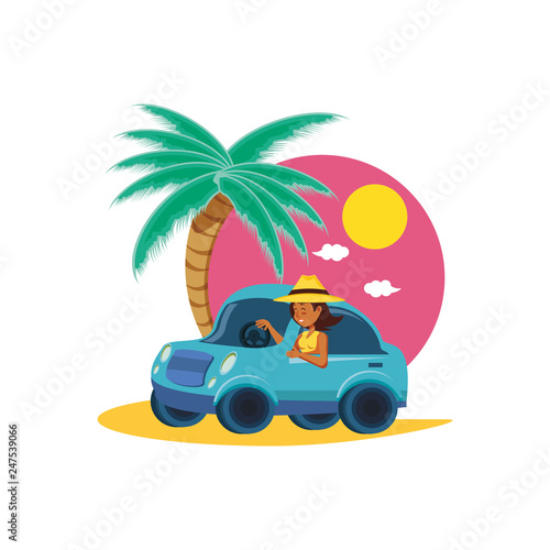 woman driving tourism little car in seascape