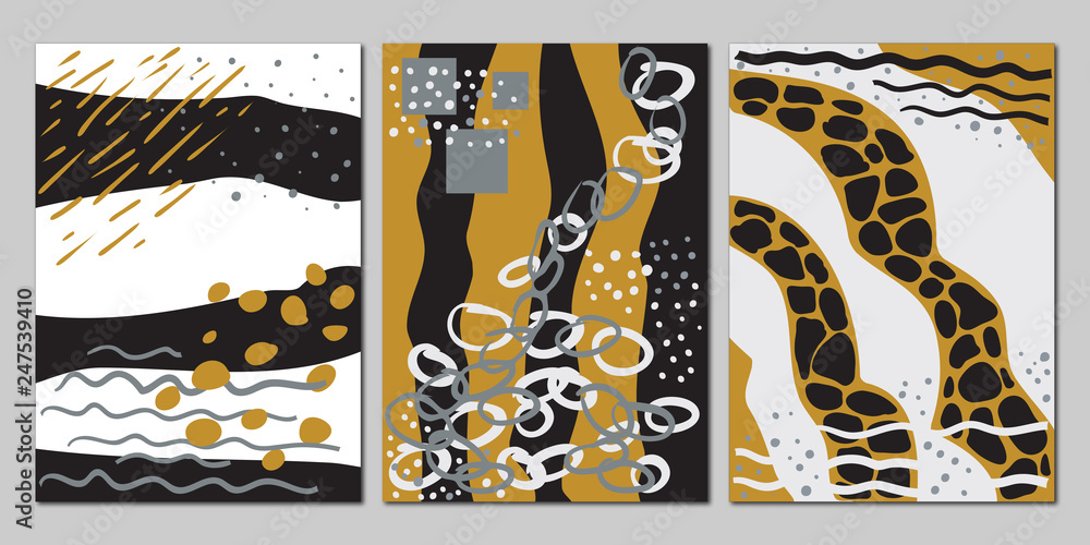 Vector set of creative universal abstract cards.Design for poster, card, invitation, placard, brochure, flyer.In gold,black and white colors.