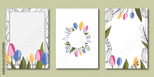 Vector set of creative spring universal floral cards with flat tulips.Design for poster, card, invitation, placard, brochure, flyer.In trendy colors on white background.