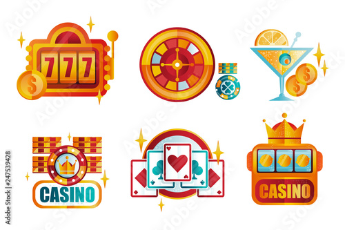 Vector set of original retro logo templates for royal casino poker club. Gambling emblems. Elements for mobile app or professional tournament promo