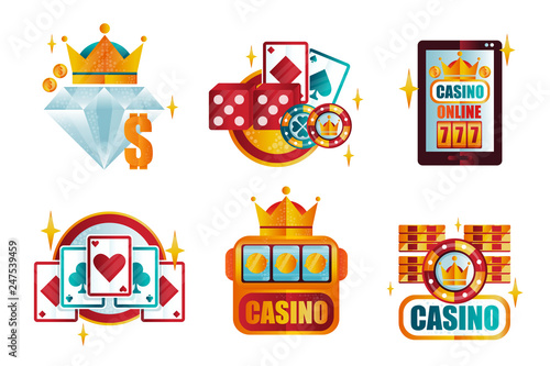 Vector set of original retro logo templates for royal casino poker club. Gambling emblems. Elements for mobile app or professional tournament promo