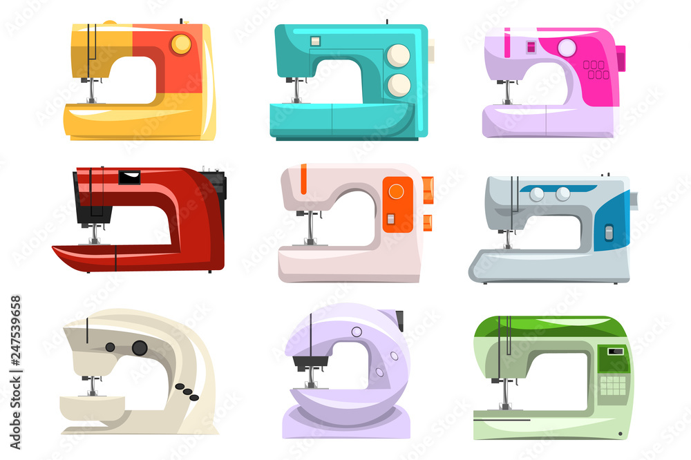 Sewing machine set, modern machine in different colors vector Illustrations on a white background