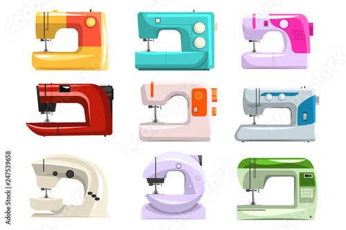 Sewing machine set, modern machine in different colors vector Illustrations on a white background