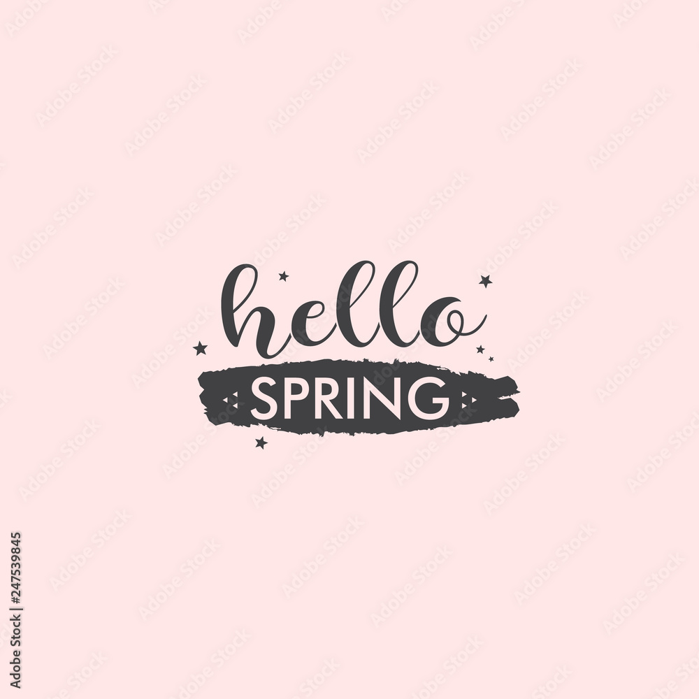 Hello spring logo with hand drawn text and star shapes around. Vintage style retro typo for spring. Hello spring logo with hand drawn text and star shapes around. Vintage style retro typo for spring.