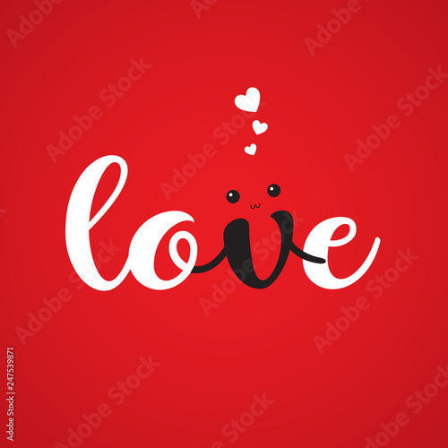 Love hand drawn text with v character holding all together. Happy romantic vector illustration.