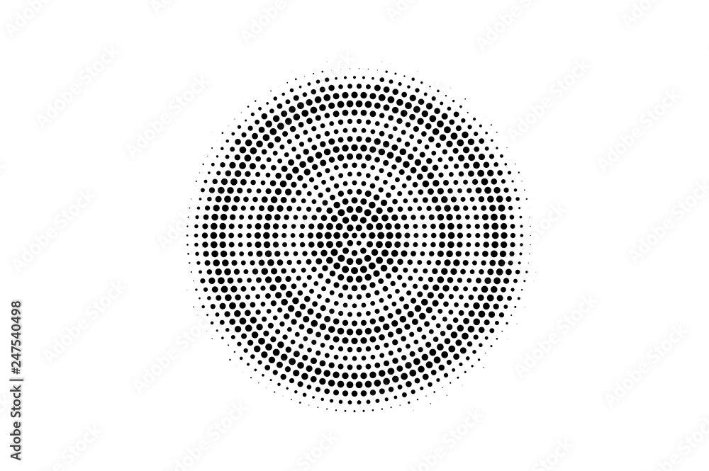 Black on white round halftone texture. Centered dotwork gradient. Dotted vector background.