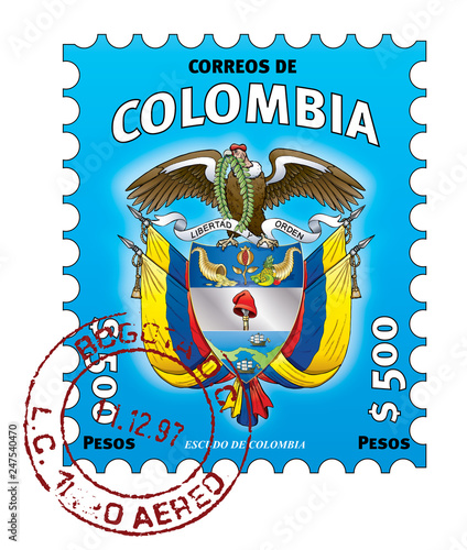 Colombian stamp. Escudo de Colombia. Blue