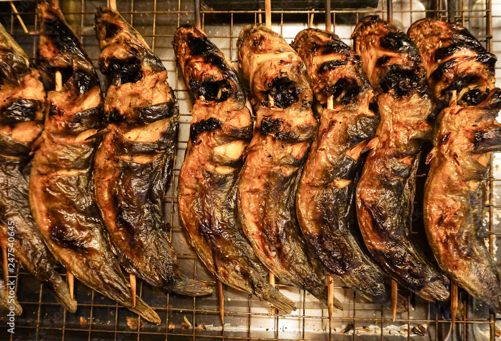 Catfish grilled impale with wood for dinner,local Thai food style,Thailand