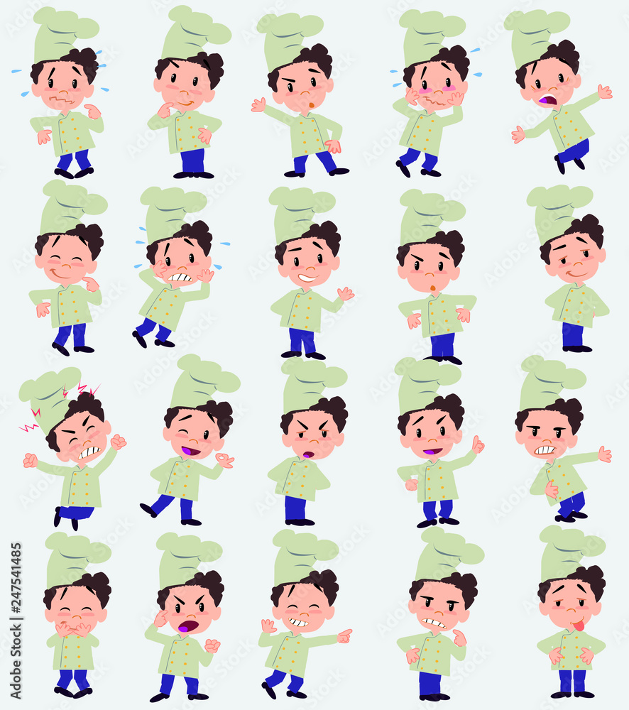 Cartoon character chef. Set with different postures, attitudes and poses, doing different activities in isolated vector illustrations. Cartoon character chef. Set with different postures, attitudes and poses, doing different activities in isolated vector illustrations.