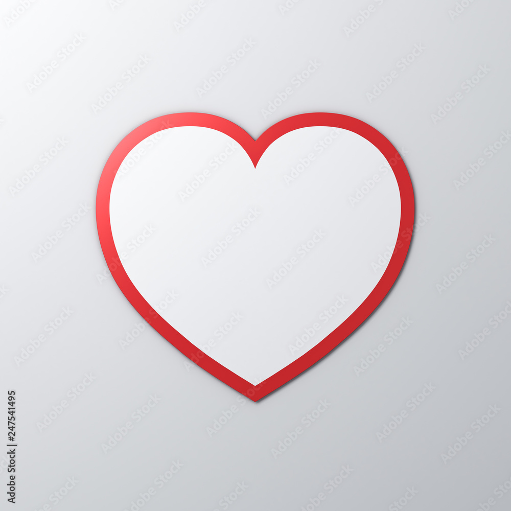Blank white heart paper sticker with red edge and shadow on white color wall background for valentines day card background 3D rendering Blank white heart paper sticker with red edge and shadow on white color wall background for valentines day card background 3D rendering