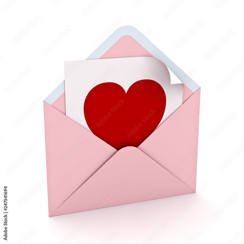 Blank red heart shape on white paper note in pink pastel color envelope isolated on white background with shadow for valentine's day 3D rendering