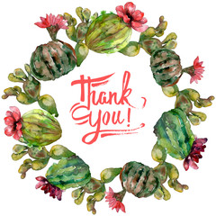 Green cactus floral botanical flower. Watercolor background illustration set. Frame border ornament square.