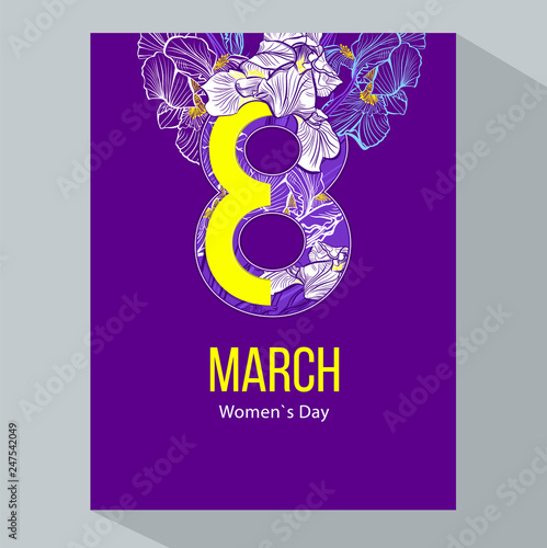 8 March. Happy Women`s Day. Negative space trend. Iris flowers in the style of engraving. Color iris flowers sketch. 