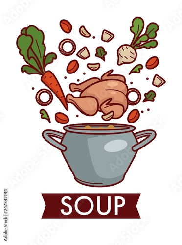 Soup or chicken bouillon in saucepan cooking and culinary recipe