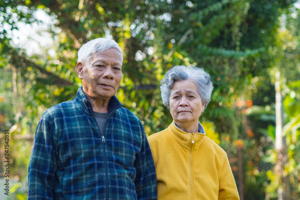 Portrait of elderly couple smiling at home garden.