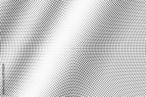 Black on white round halftone texture. Diagonal dotwork gradient. Rough dotted vector background