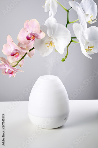 Obraz na płótnie Ultrasonic Oil diffuser and orchid flowers on white table of gray background w salonie