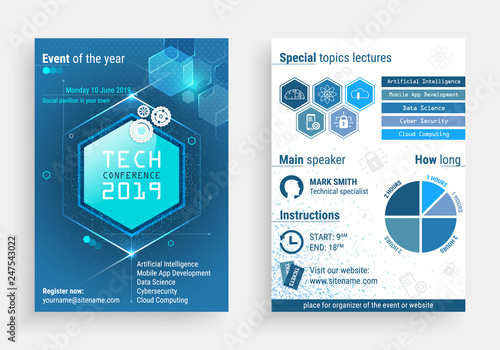 Business flyer vector template with a technology conference title. Vector illustration with front and back side.