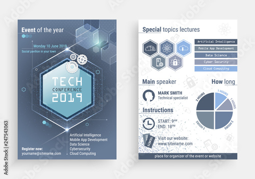 Business flyer vector template with a technology conference title. Vector illustration with front and back side.