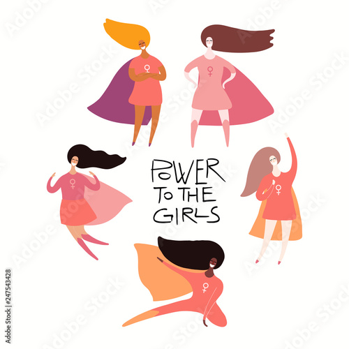 Happy womens day card, poster, banner, with quote and superhero girls. Isolated objects on white background. Hand drawn vector illustration. Flat style design. Concept, element feminism, girl power.