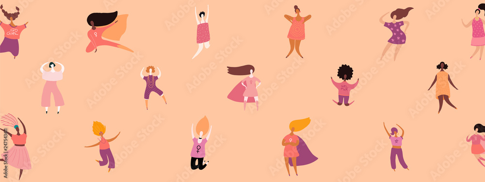 Womens day card, poster, banner, background, with crowd of tiny diverse women. Hand drawn vector illustration. Flat style design. Concept, element for feminism, girl power.