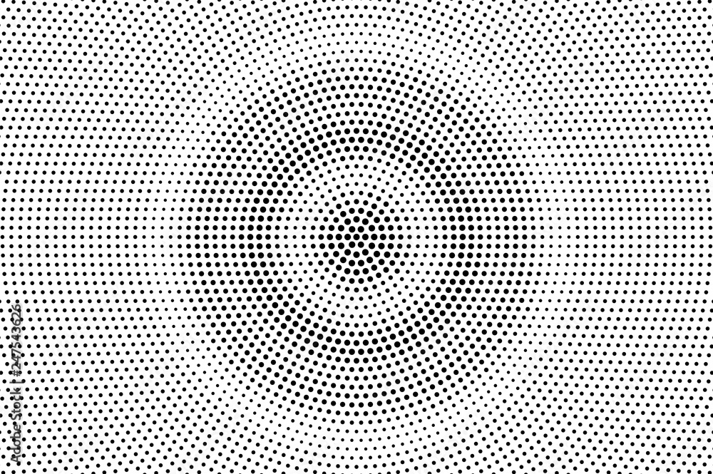 Black on white centered halftone texture. Circular dotwork gradient. Rough dotted vector background