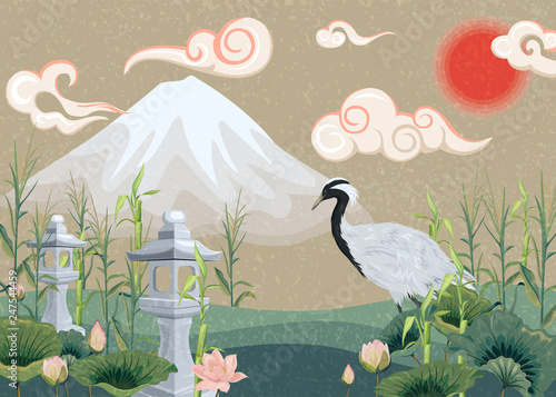 illustration with mountain, crane, lotuses and lanterns
