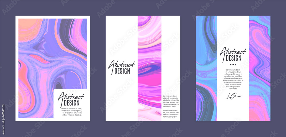 Set of vector templates. Marbling. Marble texture. Artistic abstract colorful background. Splash of paint. It can be used as book, notebook or magazine cover, brochure, booklet, annual report, flyer