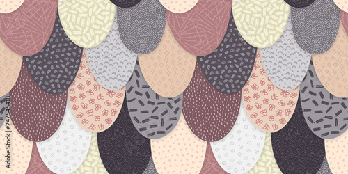 Vector seamless abstract pattern with hand drawn arc shapes. Textured figure. It looks like cloth scraps or squama. Material design. Creative background. Wallpaper, textile, wrapping, print on clothes