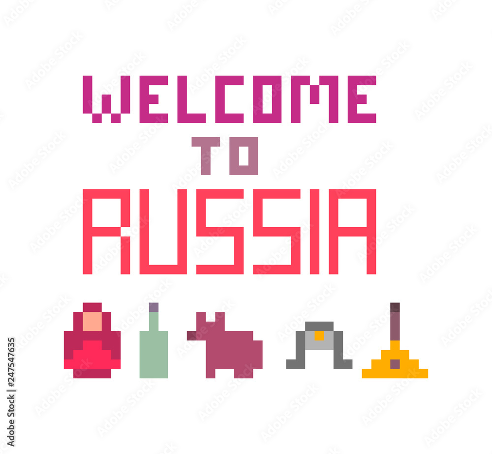 Welcome to Russia, pixel art font lettering for prints, cards, poster, banners. 8 bit retro 80s-90s style symbols of Russia: Matryoshka doll, a bottle of vodka, brown bear, ushanka-hat and balalaika.