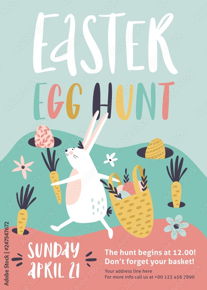 Easter egg hunt poster or invitation template. Vector illustration.