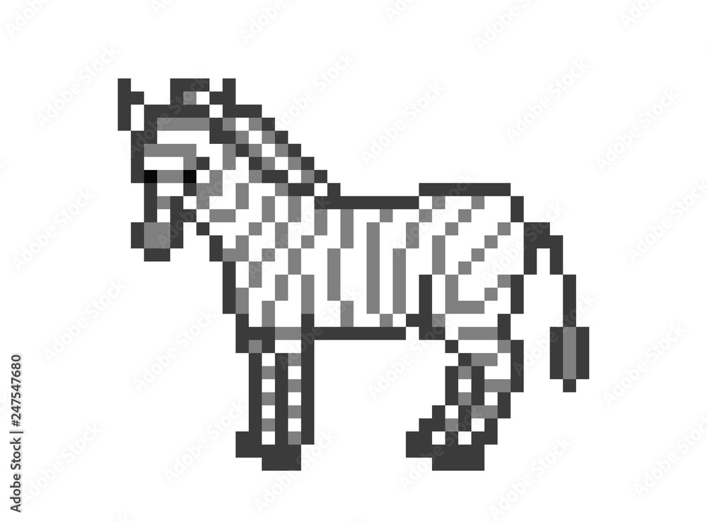 Zebra standing on the ground, 8 bit pixel art character isolated on white background. African wildlife animal symbol. Zoo/national park/safari logotype/emblem/mascot.
