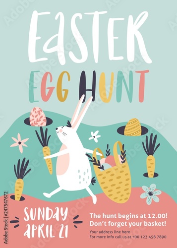 Easter egg hunt poster or invitation template. Vector illustration.