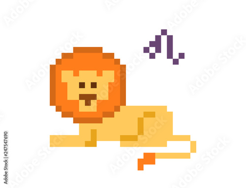 Leo Zodiac sign icon, 8 bit pixel art lying yellow lion isolated on white background. Astrological symbol. Esoteric science logo. Horoscope emblem.
