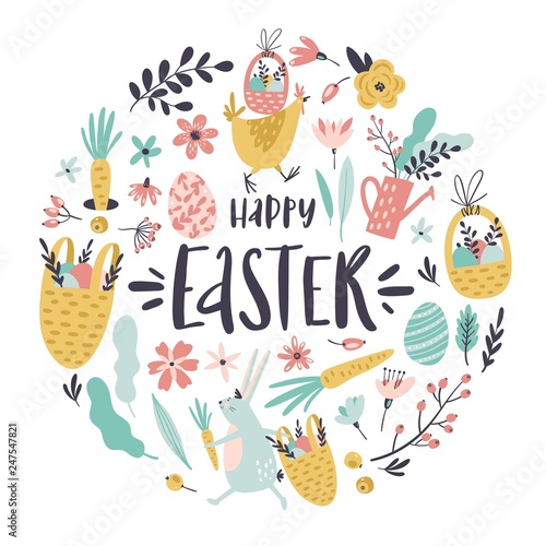 Set of Easter design elements. Eggs, baskets, hen, bunny, flowers, branches, leaves and berries. Handwritten modern brush calligraphy for invitation and greeting card.