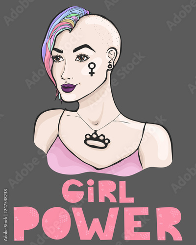 Portrait of punk girl with colored iroquois on a half bald head and venus sign on a face. Hand drawn lettering "Girl power". Trendy feminist concept. Actual for international women day.