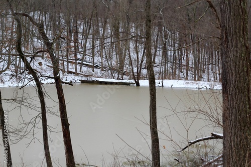 The frozen lake in the snowy winter forest landscape.