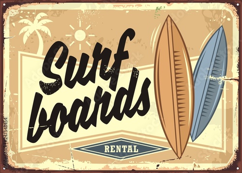 Surf boards rental retro beach sign layout. Sand, surfing and sea tropical paradise advertising. Vintage vector poster.