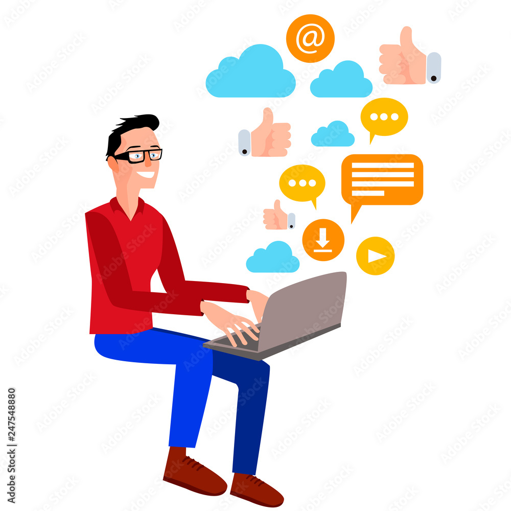 Flat vector illustration of a young man working with a laptop Flat vector illustration of a young man working with a laptop