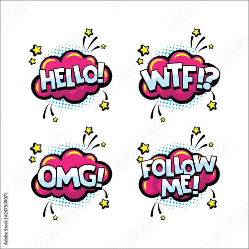 Retro comic speech bubbles set with text expression HELLO, WTF, OMG, FOLLOW ME. Words for comics, blogging, streaming and following in social networks and vlog in internet media. Pop art style.