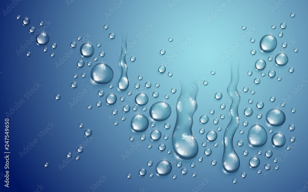 Water drops in shower or pool, condensate or rain droplets realistic transparent vector illustration, easy to put over any background or use droplets separately.