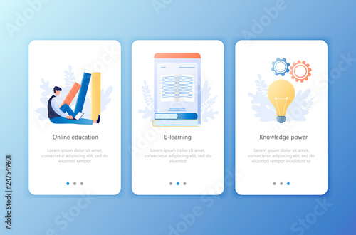 Online education, E-learning, Knowledge power, Courses. Set of onboarding screens user interface kit. Mobile application templates. Website, web page. Modern UX, UI. Flat business vector illustration.