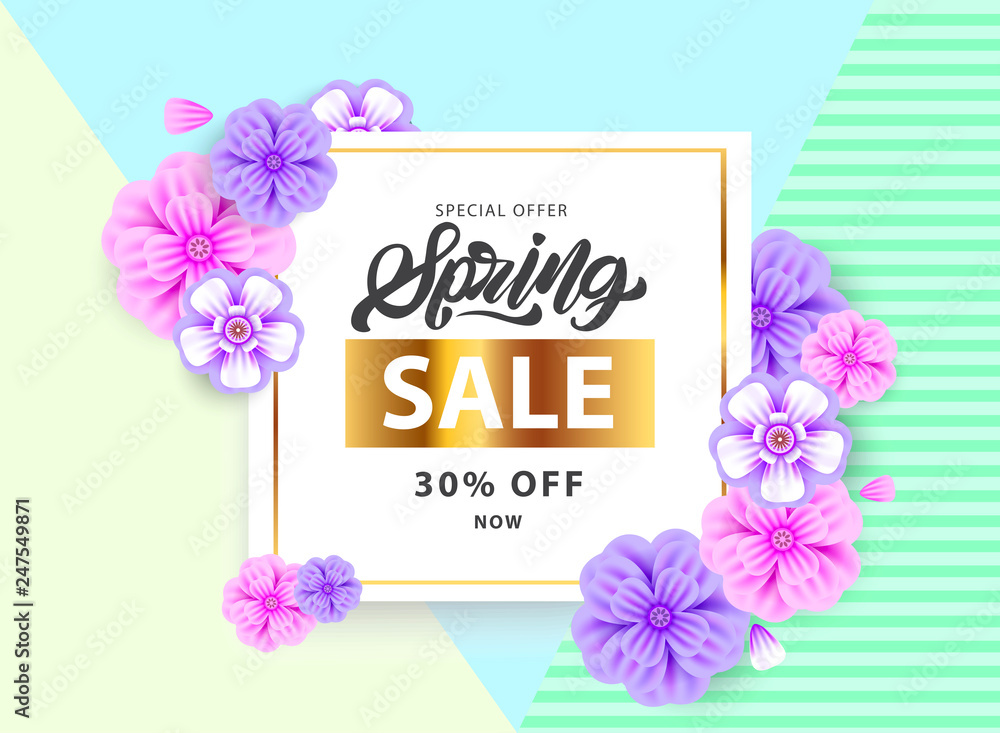 Spring in lettering style Sale flyer with  flowers in realistic style, gold frame. Invitation, posters, brochure, voucher discount. Modern background  Vector illustration design
