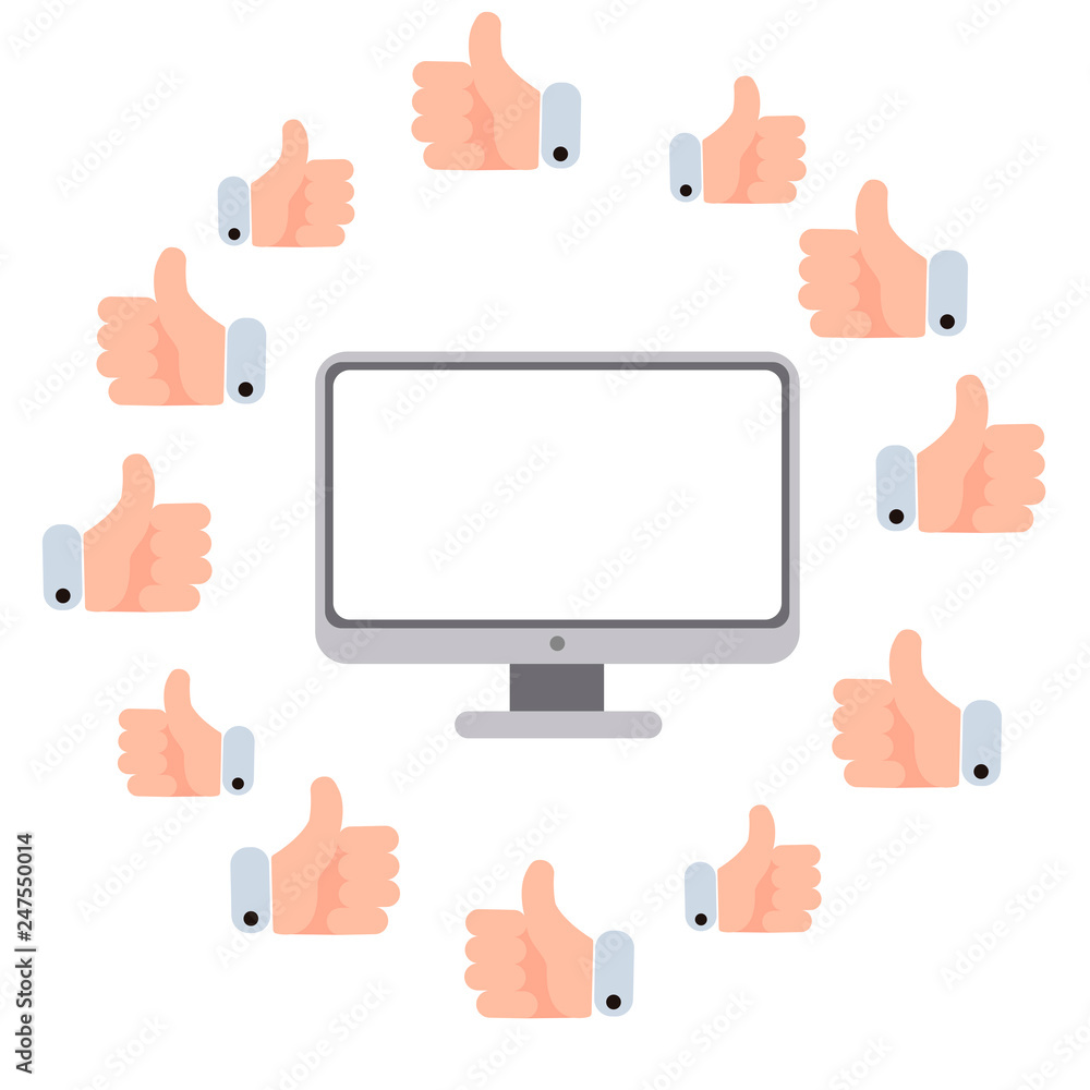 Flat vector illustration of a computer surrounded by icons of hands with thumbs up Flat vector illustration of a computer surrounded by icons of hands with thumbs up