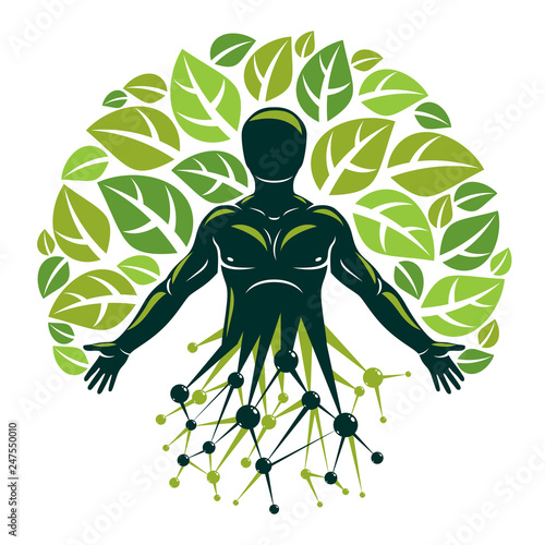 Vector individual, mystic character made using molecular connections and eco tree leaves. Recycling and reuse concept, renewable resources idea.